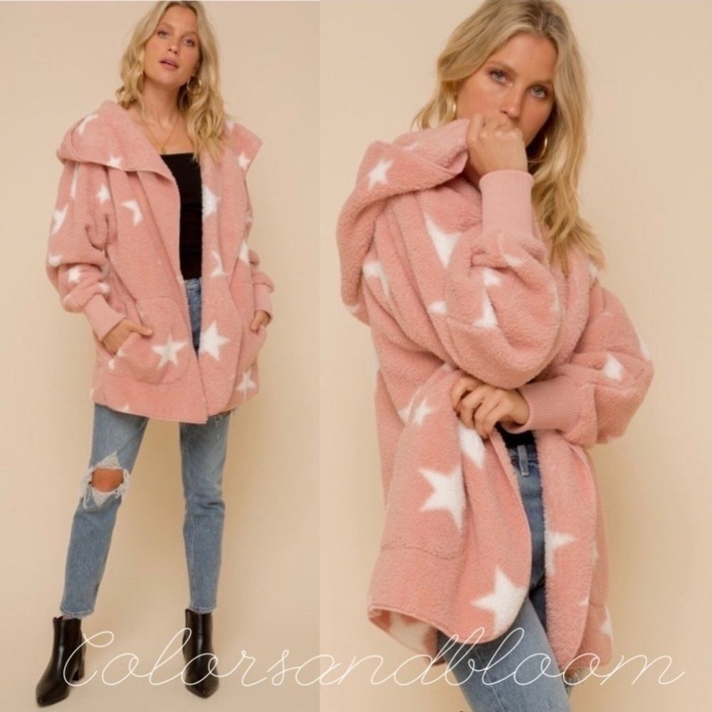 TEDDY STAR PRINT  BLUSH HOODIE JACKET